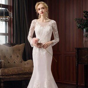 Never Worn Cocomelody Trumpet-Mermaid Sweep-Brush Train Lace Tulle Wedding Dress